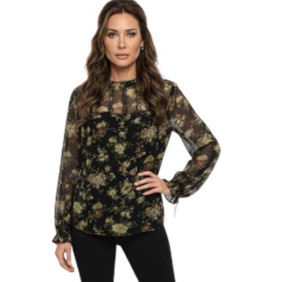 Wilfred Tops - Wilfred Aritzia Medium Black Floral Long Sleeve Ruffle Mock Neck Long Sleeve Bl…